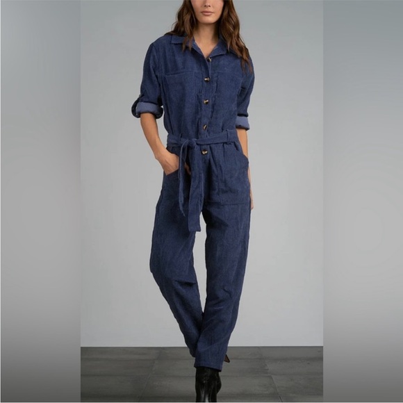 NWT Elan Navy Corduroy Button-Up Jumpsuit with Belt and Pockets - Picture 4 of 8